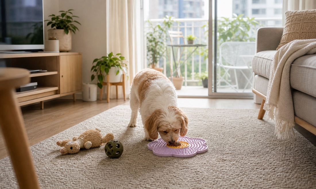 At-home dog enrichment setup with a LickBloom flower lick mat