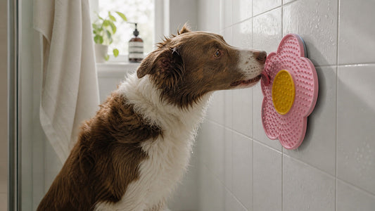Lick mat with suction cups attached to smooth bathroom tile