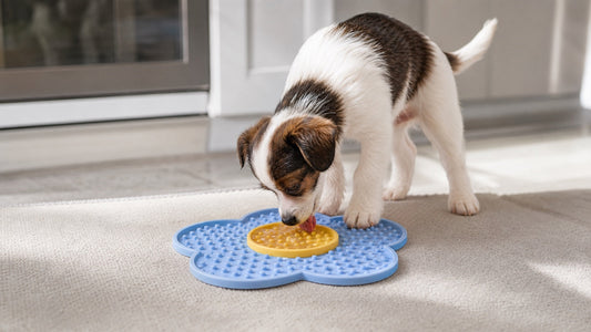 Puppy licking a safe soft recipe from a LickBloom mat