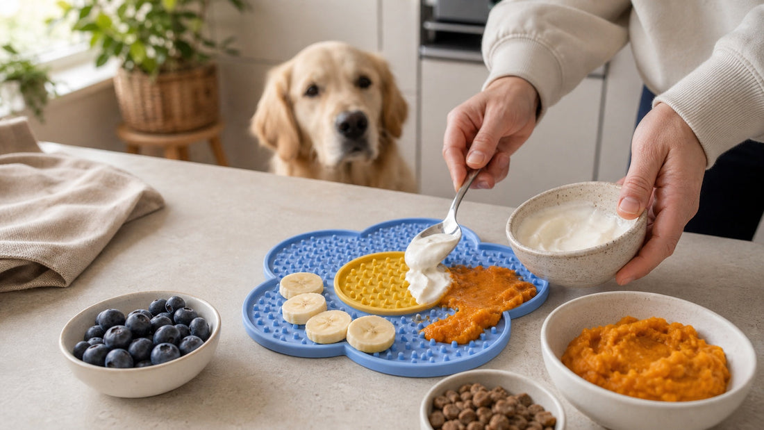 LickBloom lick mat prepared with plain yoghurt, pumpkin, banana, blueberries, and kibble for dogs