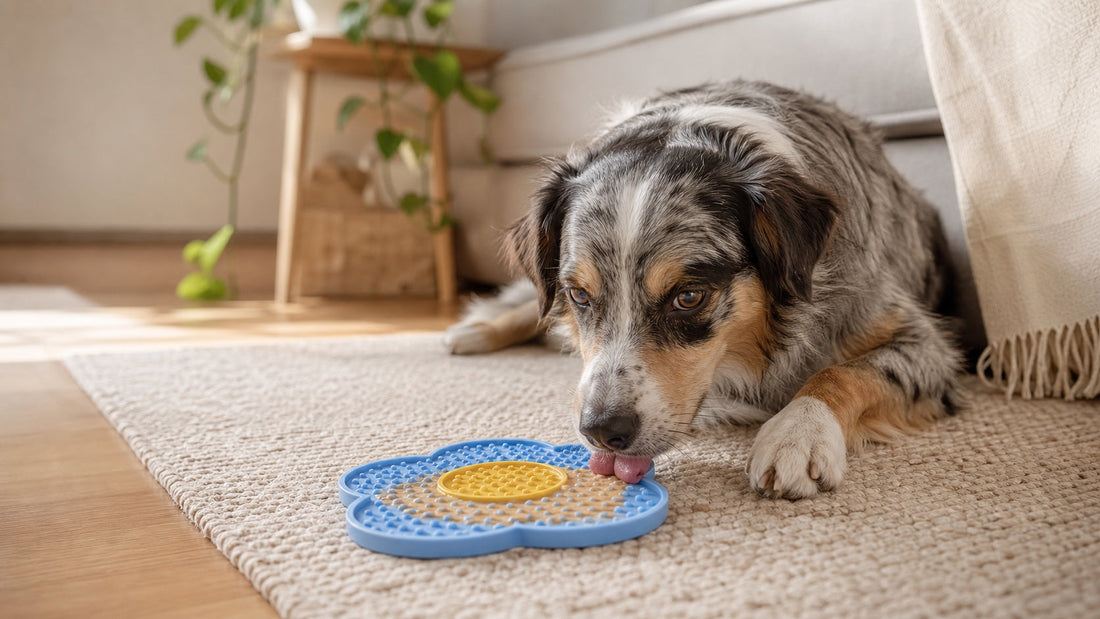Dog using a LickBloom lick mat as part of a calm daily routine