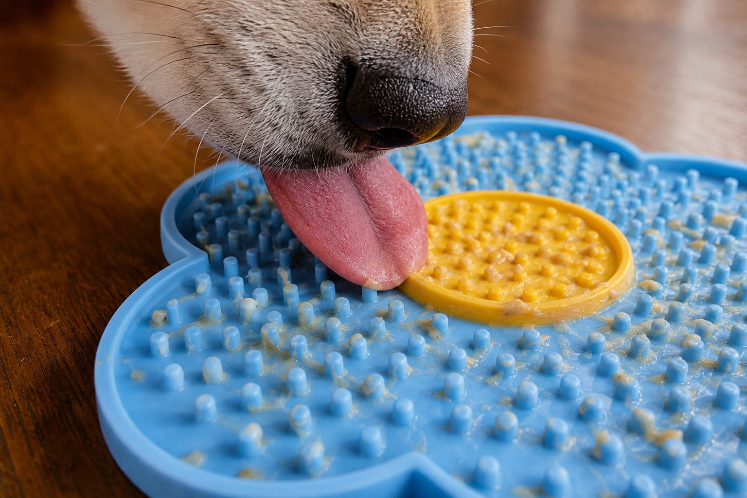 Close-up of a dog licking the textured surface of a LickBloom lick mat