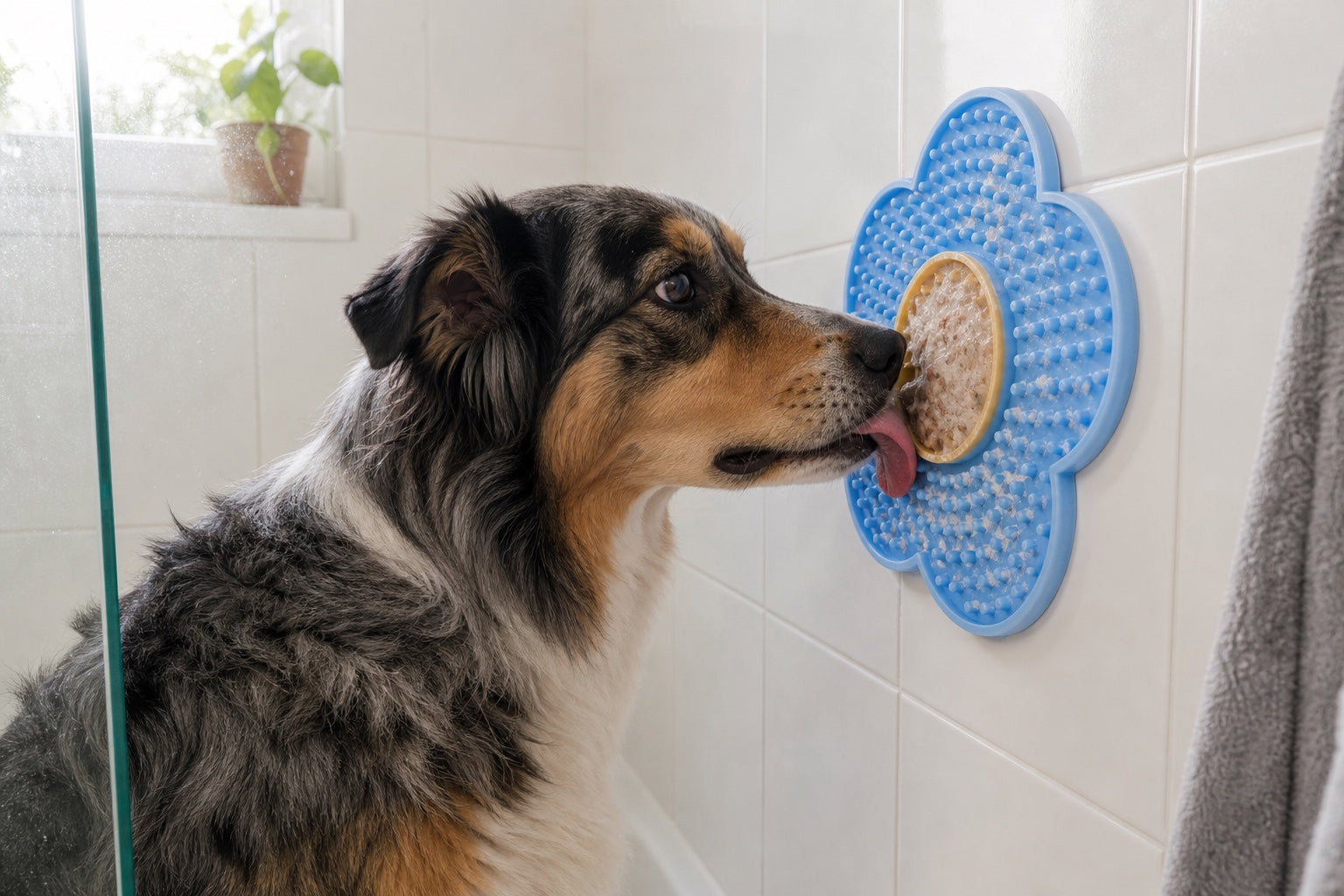 Dog licking a frozen LickBloom mat suction-cupped to a tiled wall